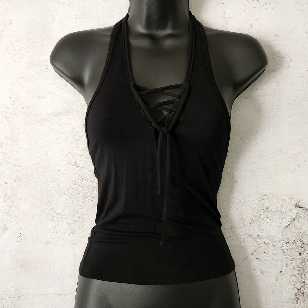 Lace Up Front V Neck Halter Top